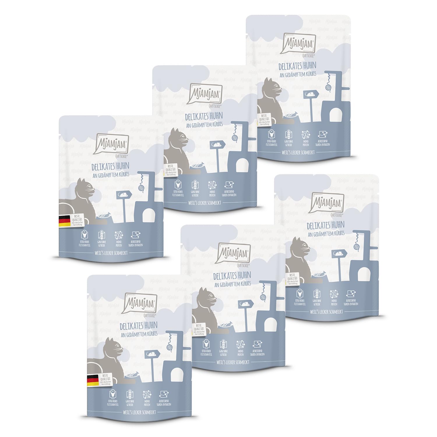 MjAMjAM - Premium Nassfutter für Katzen - Quetschie - delikates Huhn an gedämpftem Kürbis, 6er Pack (6 x 300g), getreidefrei mit extra viel Fleisch