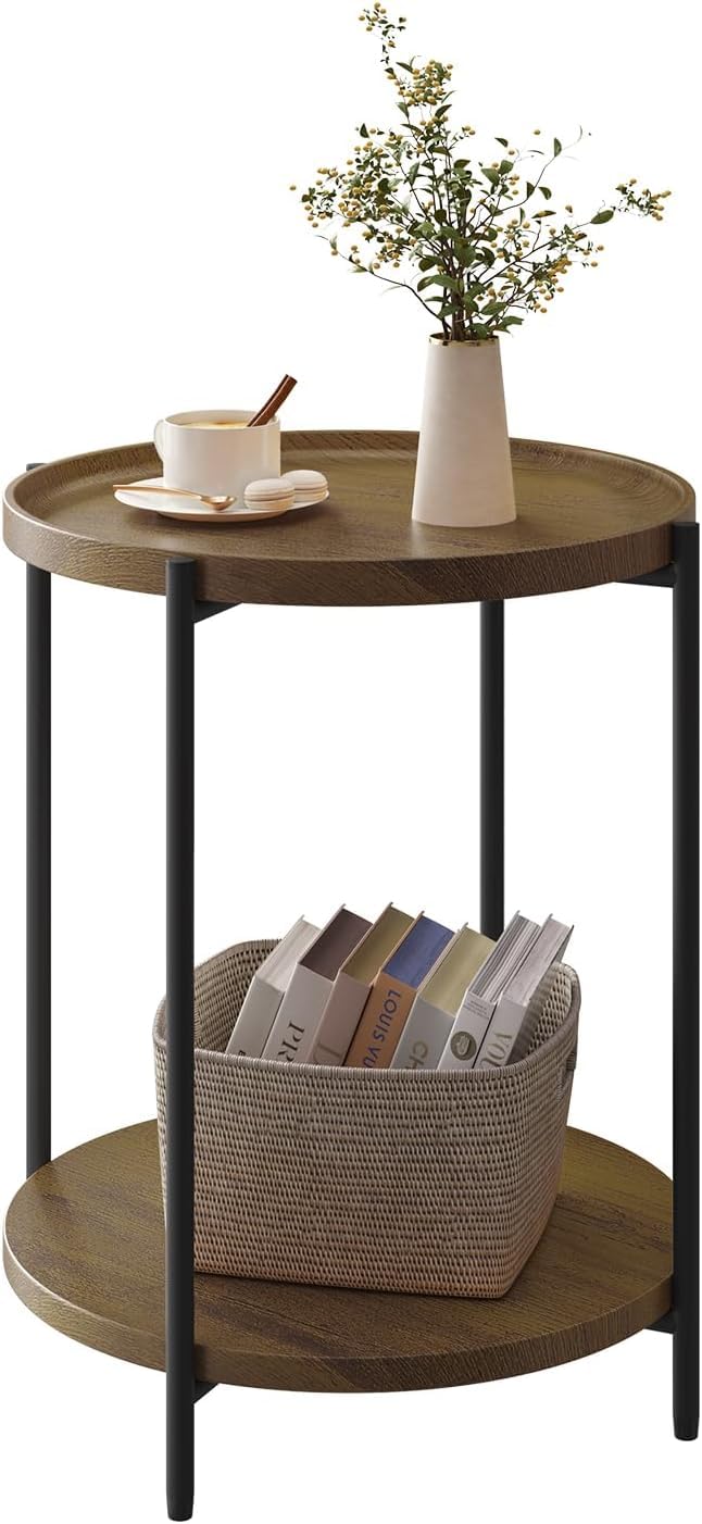 WOLTU okrągły stolik pomocniczy z 2 półkami, stół do salonu ze zdejmowanym blatem, stolik nocny, stolik pod telefon do salonu, z płyty MDF, metal w stylu vintage, rysunek słojów drewna w