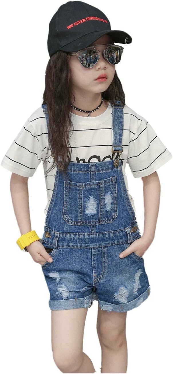 KIDSCOOL SPACE Baby Little Girl Jean Overalls,Big Ripped Denim Shortall: Clothing, Shoes & Jewelry