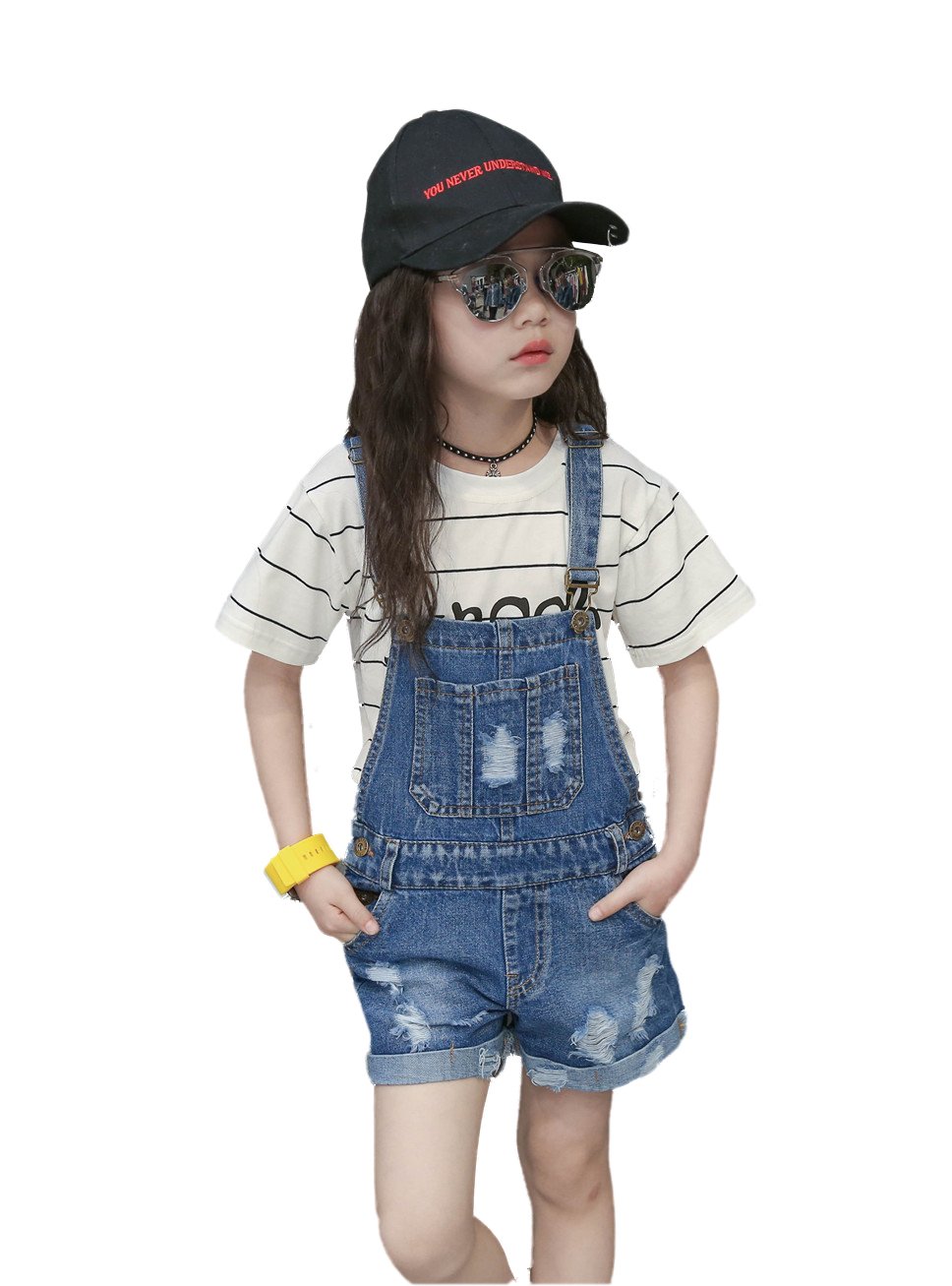 KIDSCOOL SPACE Mono de jean para bebé niña, pequeño mono de jean rasgado