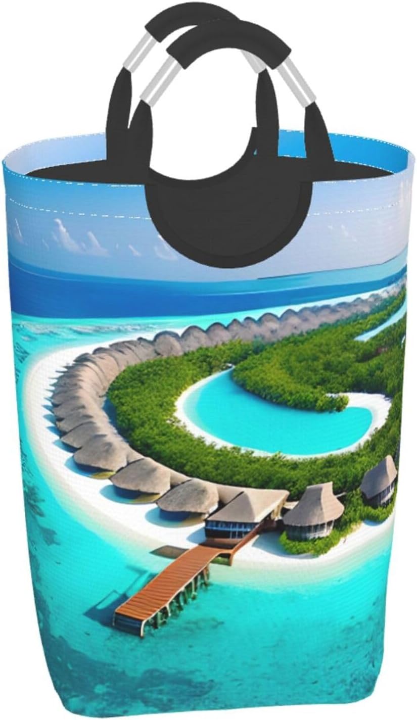 Maldives Scenery Foldable storage bag, 50L capacity, suitable for laundry room, dormitory bedroom, dirty clothes storage basket.