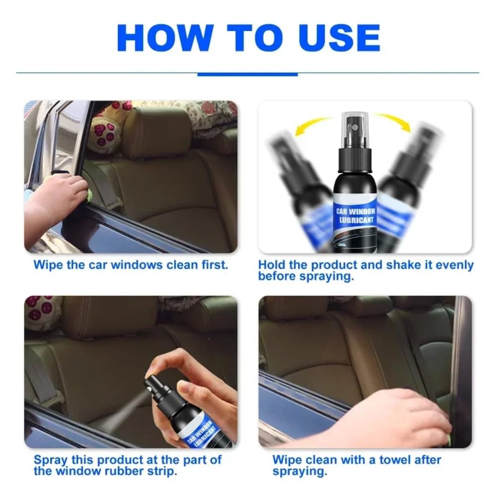 Spray lubrifiant pour vitres de voiture 60 ml pour joints en caoutchouc et réduction du bruit, compatible avec bandes de porte, rails de toit ouvrant, rétroviseurs, serviette et éponges