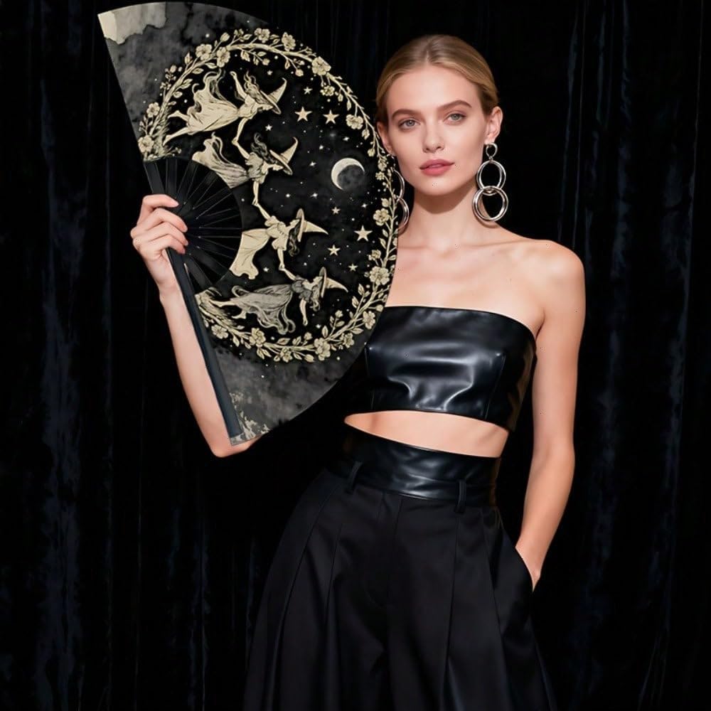 Large Folding Hand Fan, Black, Dancing Witches Design, Moon and Stars Theme, Halloween Costume Accessory