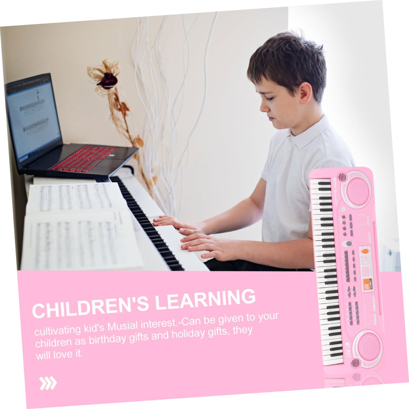 Hemobllo Juguete Piano Electrónico para Niños 61 Teclas Rosa Multifuncional Micrófono Juguete Educativo Musical para Aprendizaje Temprano y Desarrollo Infantil