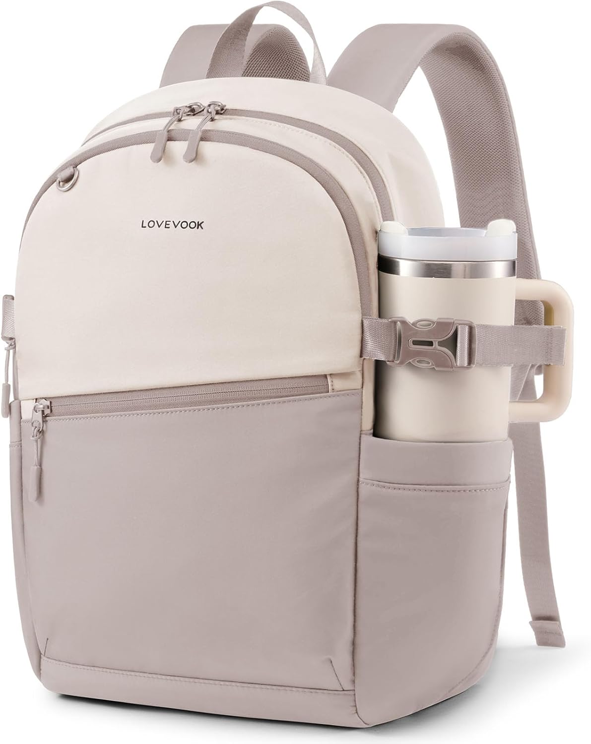 LOVEVOOK Everyday Backpack for Women, Chic Versatile Backpack with Water Bottle Pocket, Lightweight Waterproof Casual Daypack for City Work Commute, College, Travel & Gifts, Beige-Light Gray