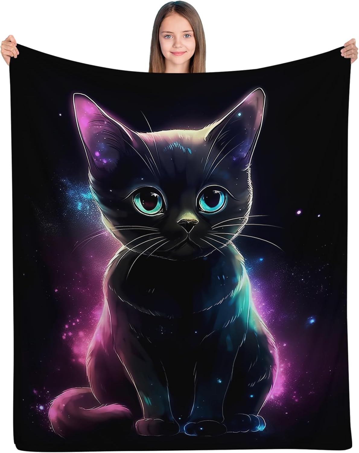 ALIFAFA Cat Blanket, Cute Black Cat in Blue Purple Galaxy