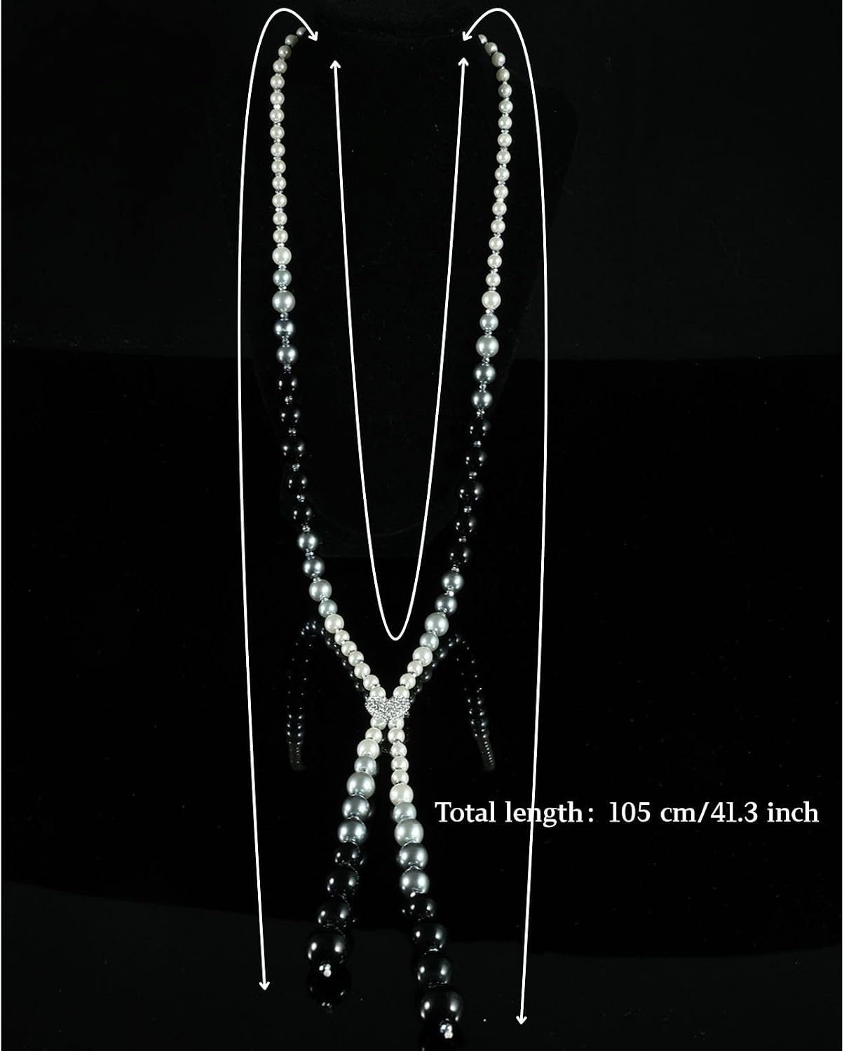 Vintage Long Pearl Y Necklace for Women, 1920s Faux Pearl Lariat Necklace with Rhinestone Heart Feather, 41.3 Inch Tassel Necklace