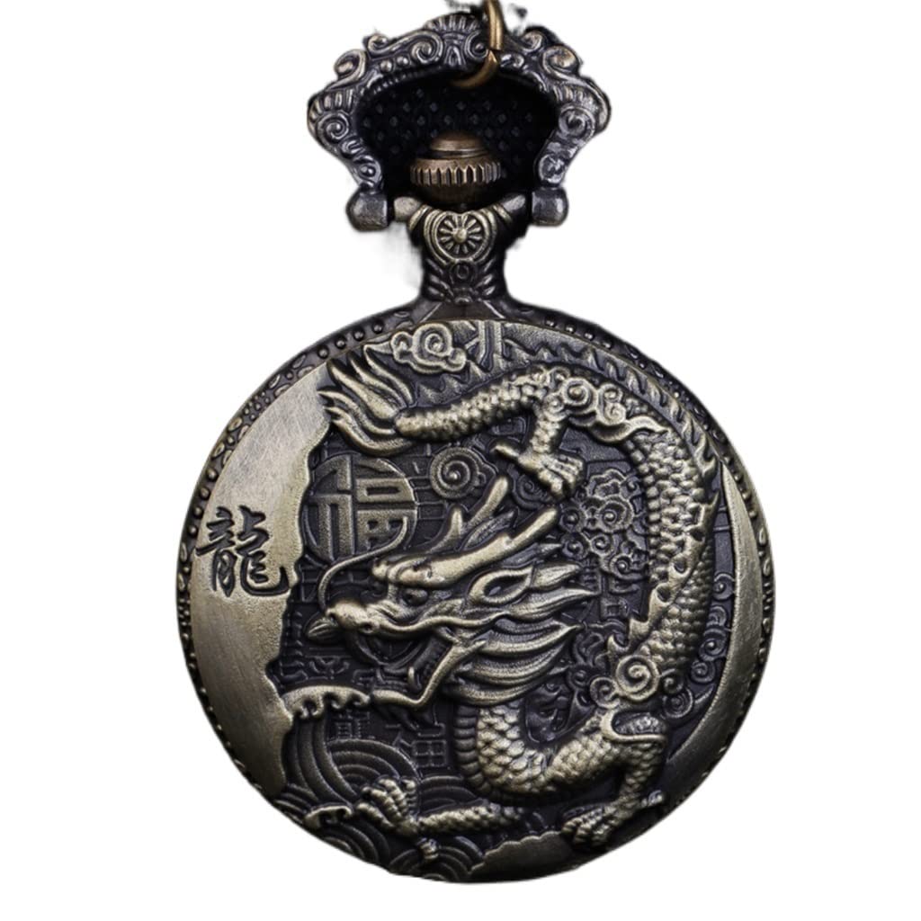 Montre de poche dragon chinois vintage à quartz, boîtier ciselé haut de gamme