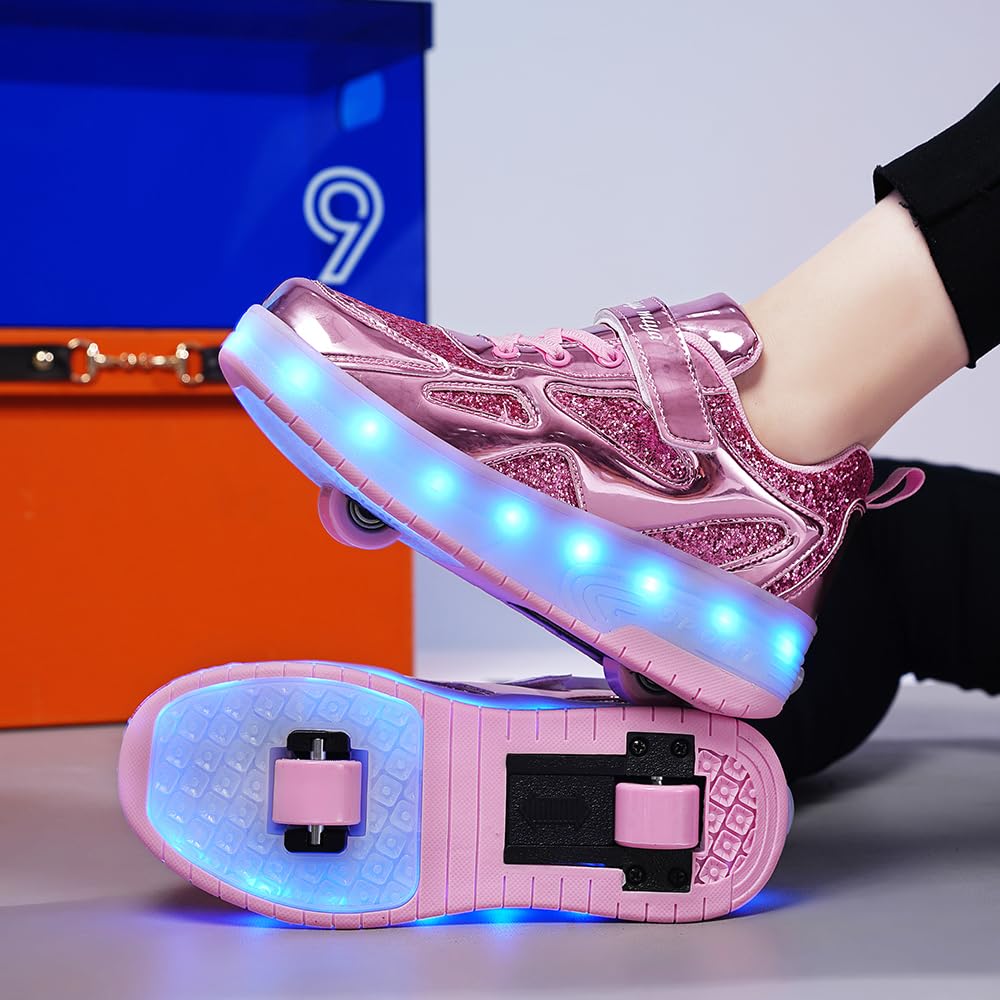 USB Ricarica LED Luci Brillantini Skateboard Scarpe Sportive con Rotelle Retrattile Sneakers Outdoor Multisport Luminose Running Calzature da Ginnastica per Bambini Regalo di Compleanno