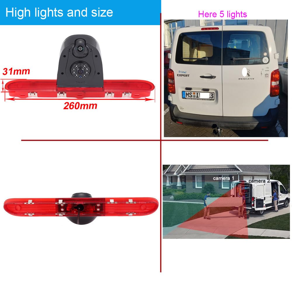 HD IP68 1280 pixels - Double caméra de recul - Aide au stationnement - Avec angle réglable - Remplacement pour Citroën Jumpy/Spacetourer/Peugeot Expert/Traveller/Toyota Proace (caméra de recul +
