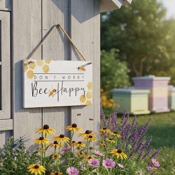 Simply Said, INC Dont Worry Bee Happy Wood Sign, 3.5 x 6.5 Pine Hanging Sign, Bee Decor for Wall,Desk, Shelf, Office, Farmhouse, Rustic, Cottage Home Decor, Made in USA