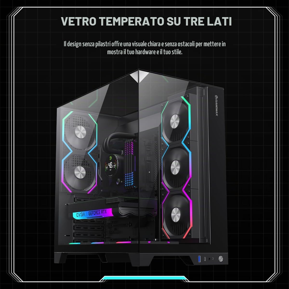 GAMEMAX Infinity PRO BK Case per PC ATX Midi Tower, vetro panoramico a 3 lati, ventola PWM 5X ARGB preinstallata, USB-C & Aura Sync, scheda madre BTF, raffreddamento ad acqua fino a 360 mm, nero