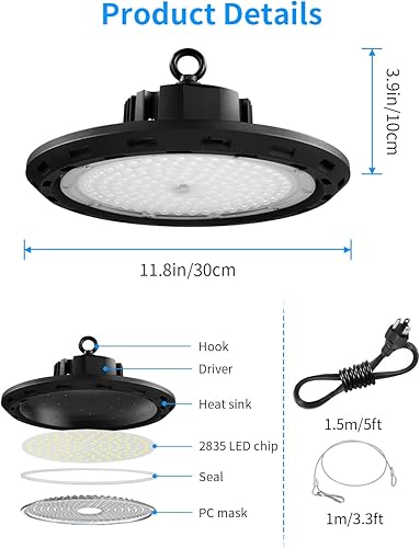 Miniatura 6 de UFO - Luz LED de alta bahía de 150 W, 1-10 V regulables, luces LED de alta bahía de 21000 lúmenes, 5000 K, con enchufe de EE. UU., cable de 5 pies,