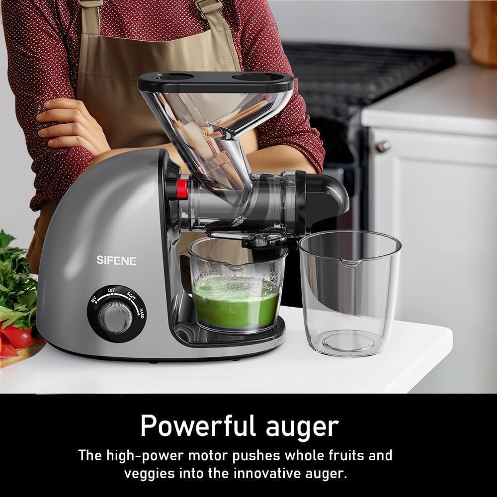 Dual Mouth Cold Press Juicer, SiFENE Slow Masticating Juicer Machines for Fruit Vegetable, Juice Maker Extractor, Easy to Clean (Gray)