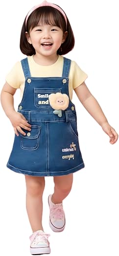 KETI MINI Girls Denim Flower Applique Dungaree Dress with Pink Top
