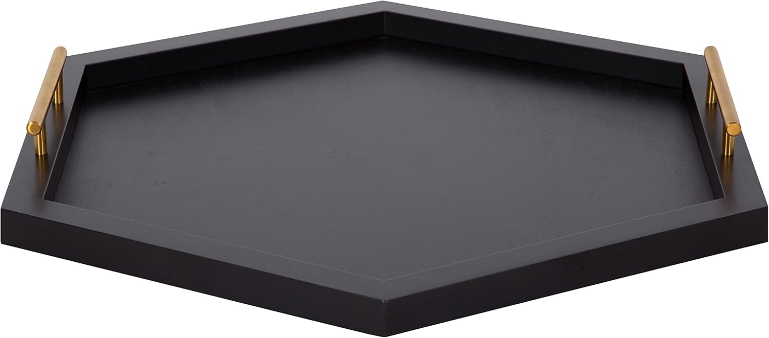 Kate and Laurel Halsey Hexagon Decorative Wooden Tray with Polished Metal Handles; 22 x 19; Black and Gold; Modern Glam Wood Hexagon Serving Tray for Display or Decoration