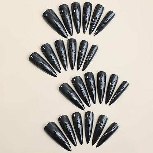 Miniatura 2 de Uñas postizas largas a presión, uñas postizas a presión de almendra, uñas postizas de color sólido con diseños de presión negro brillante, uñas