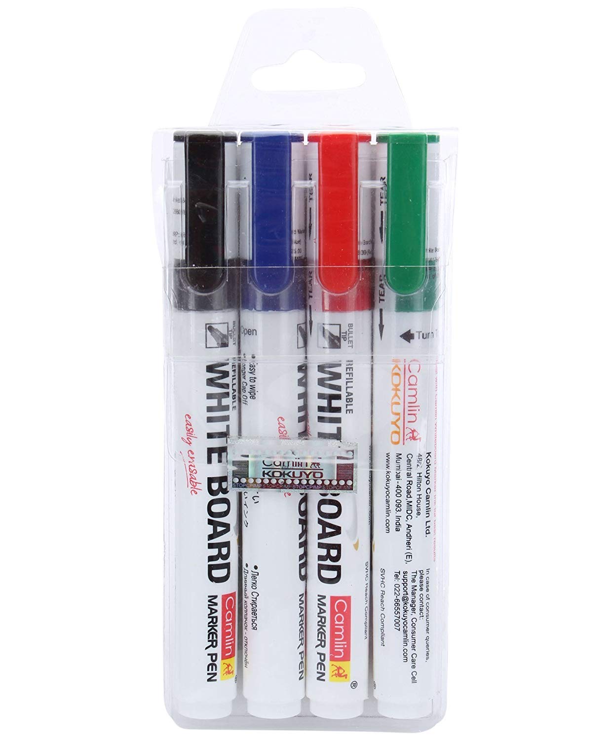 Camlin Kokuyo PB Lot de 4 marqueurs pour tableau blanc Couleurs assorties (noir, bleu, rouge, vert)