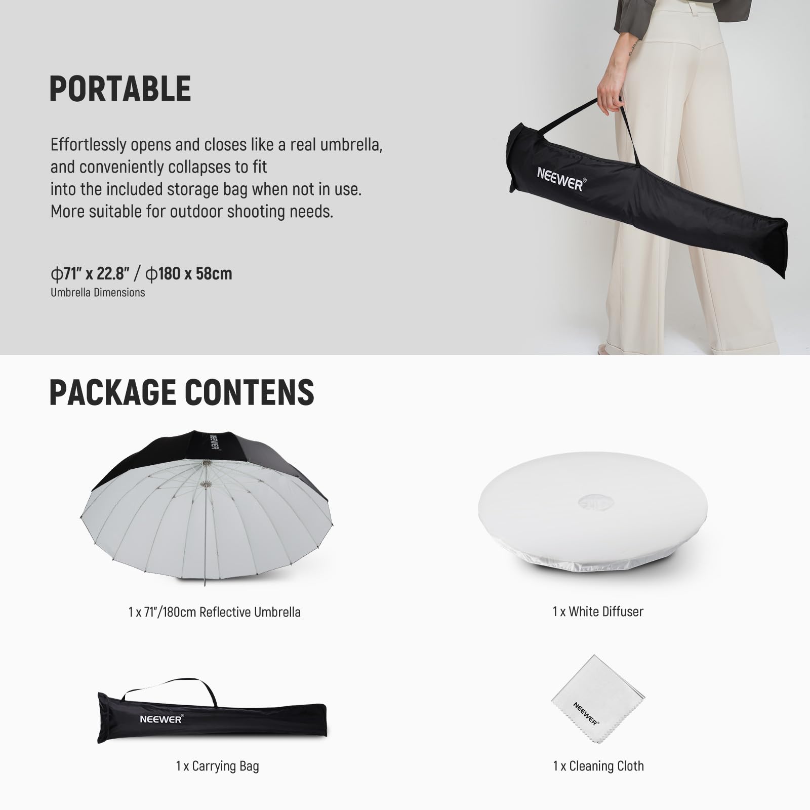 NEEWER 180cm Parapluie Parabolique Réfléchissant Softbox Photographie avec Diffuseur Intérieur Blanc, Chiffon Nettoyage & Sac, Pliage Rapide pour Studio Vidéo Lumière Monolight Flash Éclairage, NS4U