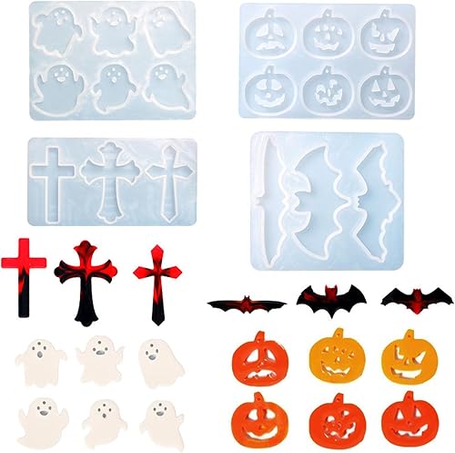 4 piezas de aretes de Halloween colgantes de resina epoxi moldes de silicona para calabaza, fantasma, murciélago, cruz, moldes de fundición,