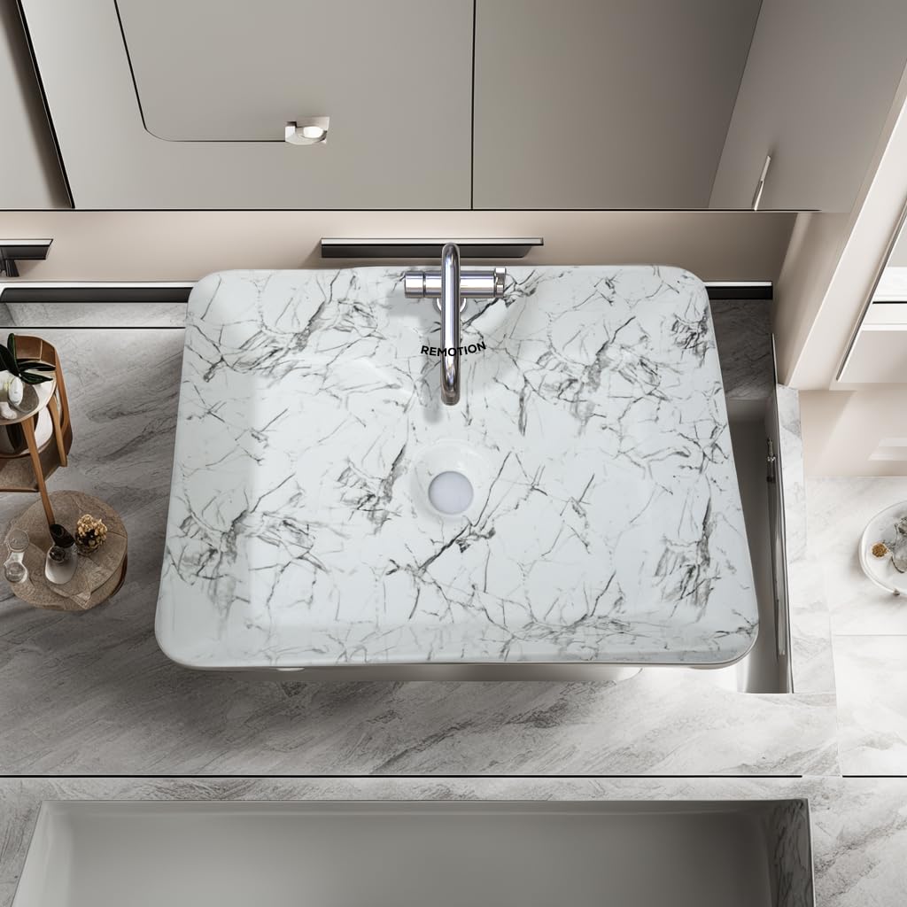 REMOTION Wash Basin Over Counter | Tabletop Ceramic Bathroom Sink | Square Shape Countertop Basin For Bathroom (19 x 15 x 5.5 Inch) (Glossy White N Grey Strip Basin) (B0CK5MVJQF) Amazon Price History, Amazon Price Tracker