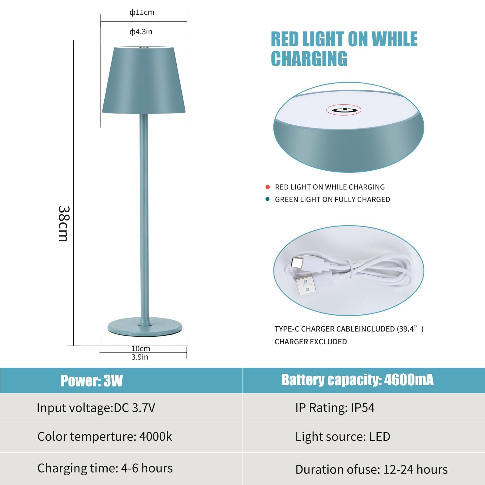 2 pezzi LED dimmerabile lampada da tavolo senza fili, ricaricabile, luce calda 3000 K, lampada da tavolo per interni ed esterni, con USB-C, alluminio, IP54, impermeabile, nero