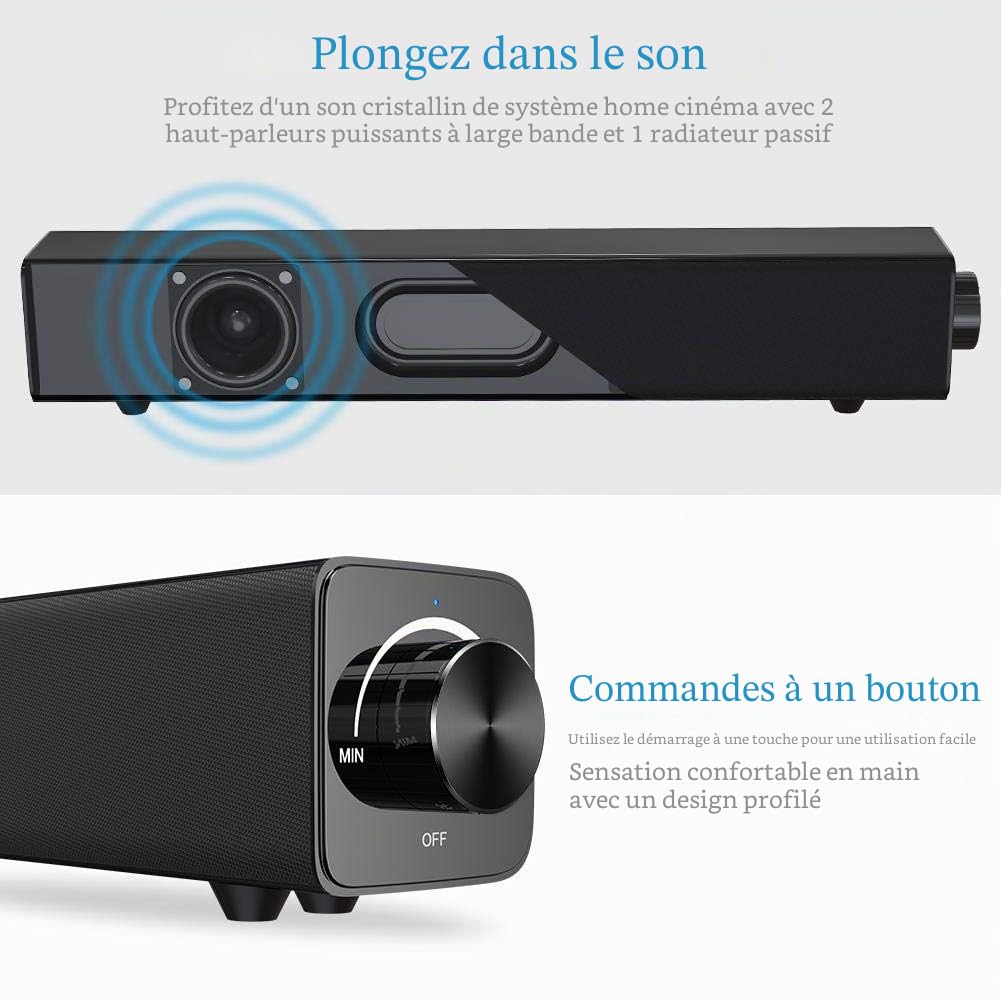 Barre de Son Bluetooth 20W, Filaire et Sans Fil Home Cinéma Audio Surround pour TV, PC, Téléphone Portable, Tablettes