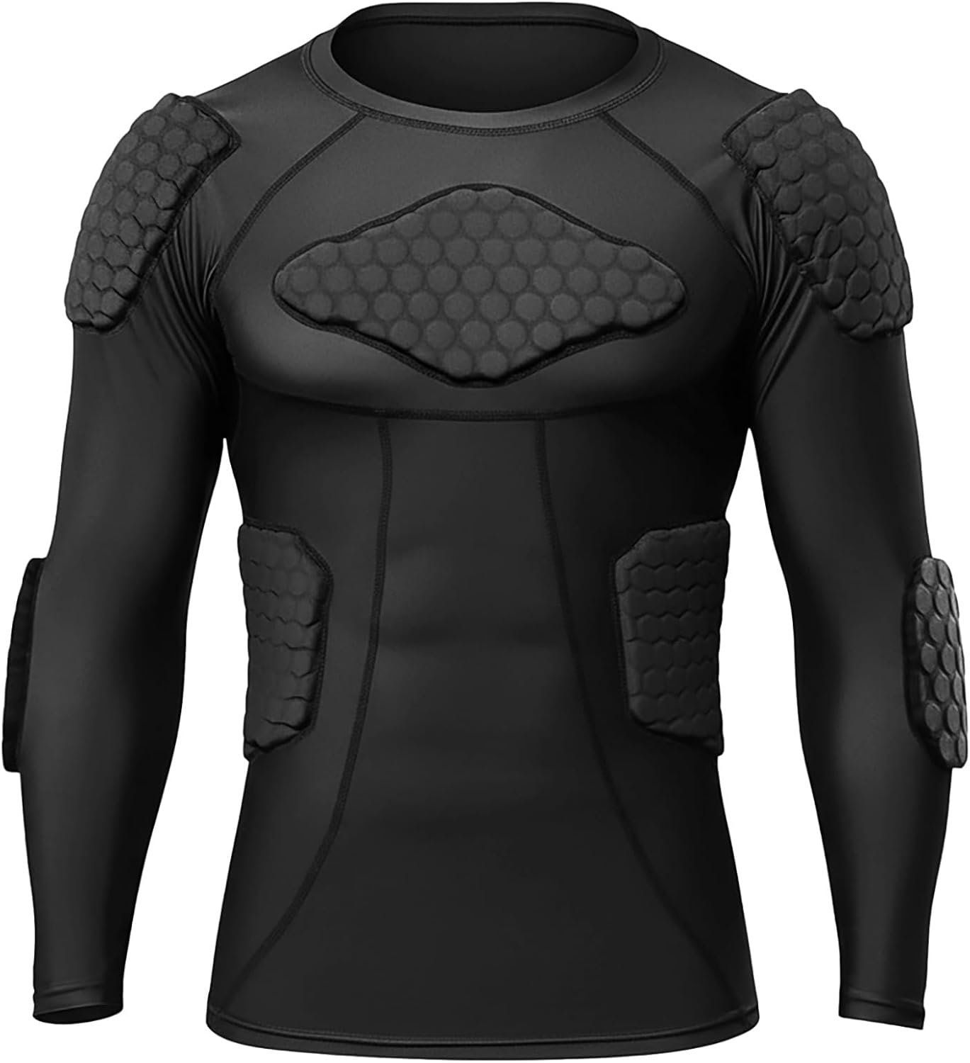 Padded Football Training Shirt, Men's Long Sleeve Honeycomb Protective Base Layer, Impact Resistant Training Gear Black
