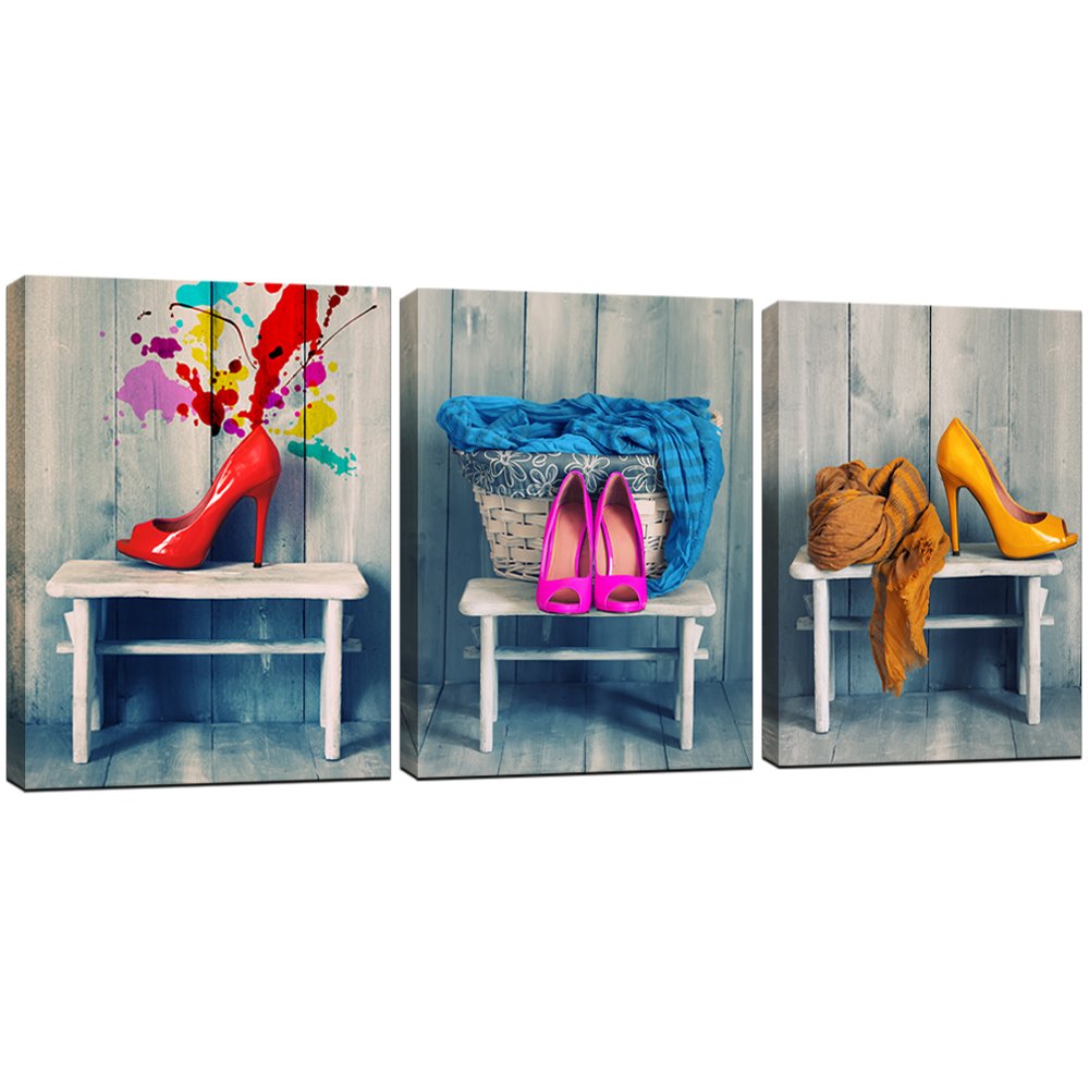 3 Panel Coloful Framed Canvas Art Prints Fashion Red Pink Yellow High Heel and Blue Scarf Still Life Picture Moderm Home Decoration Girl Living Room Wall Art Ready to Hang 12inch x 16inch x3pcs