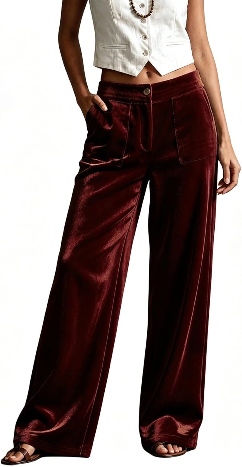 Women's Velvet Wide Leg Work Pants with Pockets