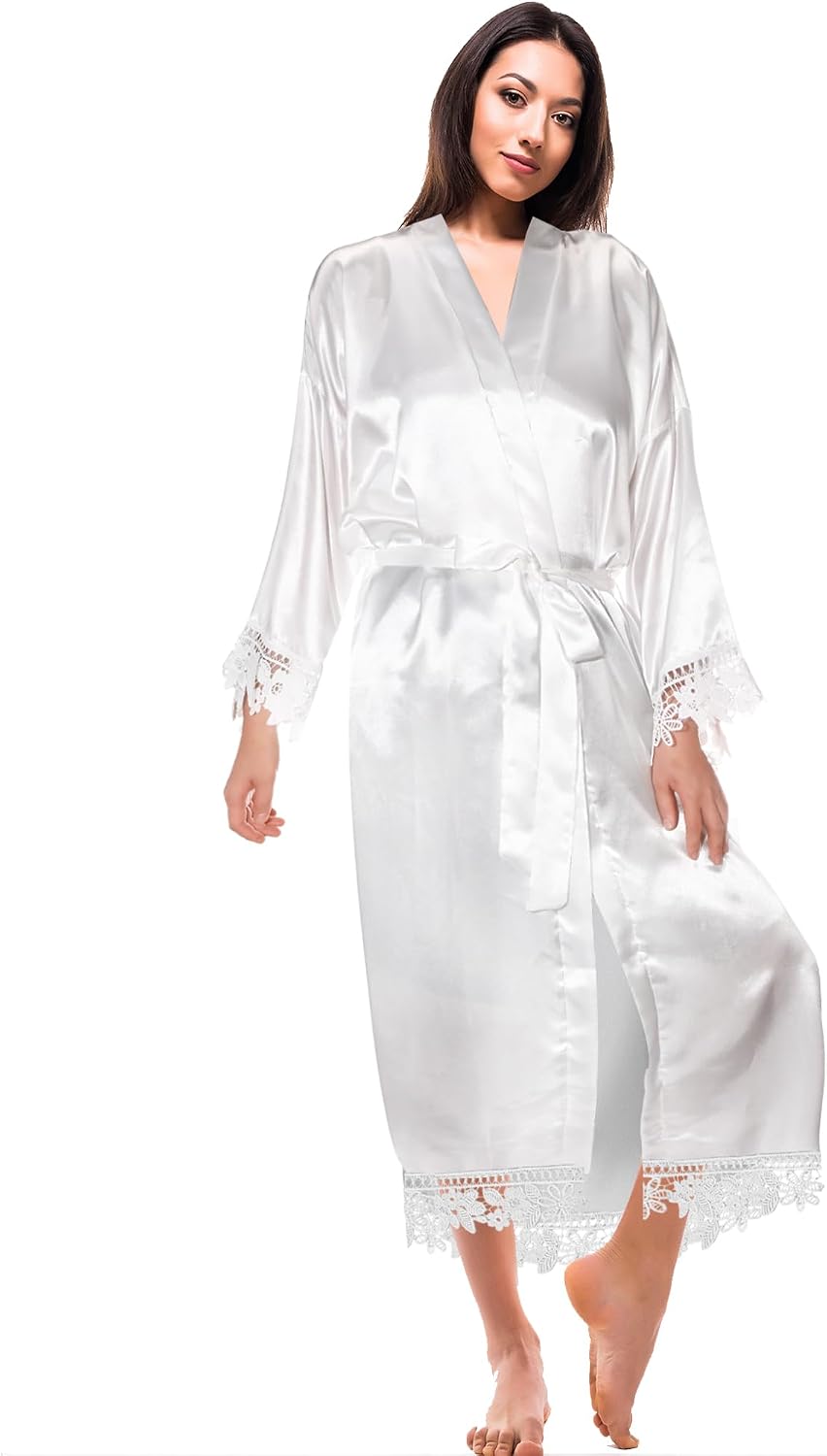 7 Pcs Women's Satin Kimono Robe Set Short Bridesmaid Bride Long Robe with Lace Trim for Bridesmaid and Bride Wedding Party Getting Ready, Pink and White