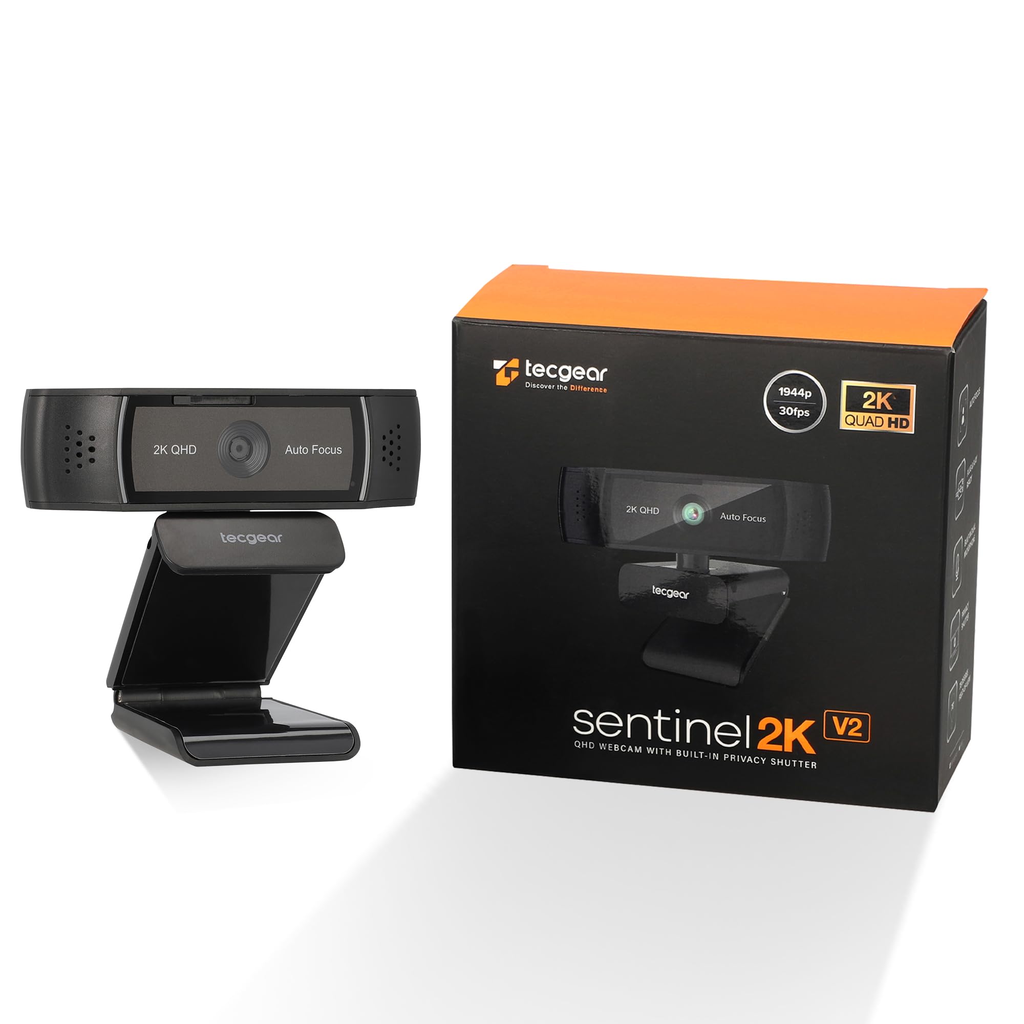TECGEAR Sentinel 2K Webcam for PC with Microphone, Touch Control, Autofocus, Privacy Shutter & 360° Adjustable | Camera for Computer, Laptop & Mac | USB Video Streaming for Zoom/Skype/Google Meet/Team