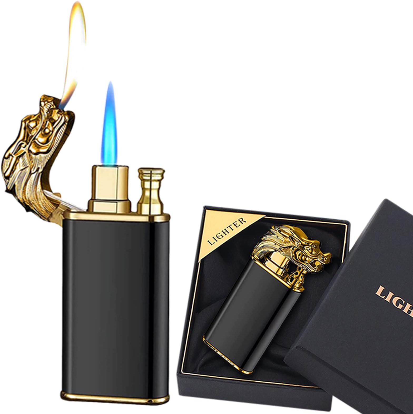 Torch Lighter, Magic Dual Flame Dragon Lighter, Cool Dual Jet Flame Butane Lighter, Creative Windproof Dragon Torch Lighter, Refillable Butane Lighter for Outdoor Indoor(Black 2)
