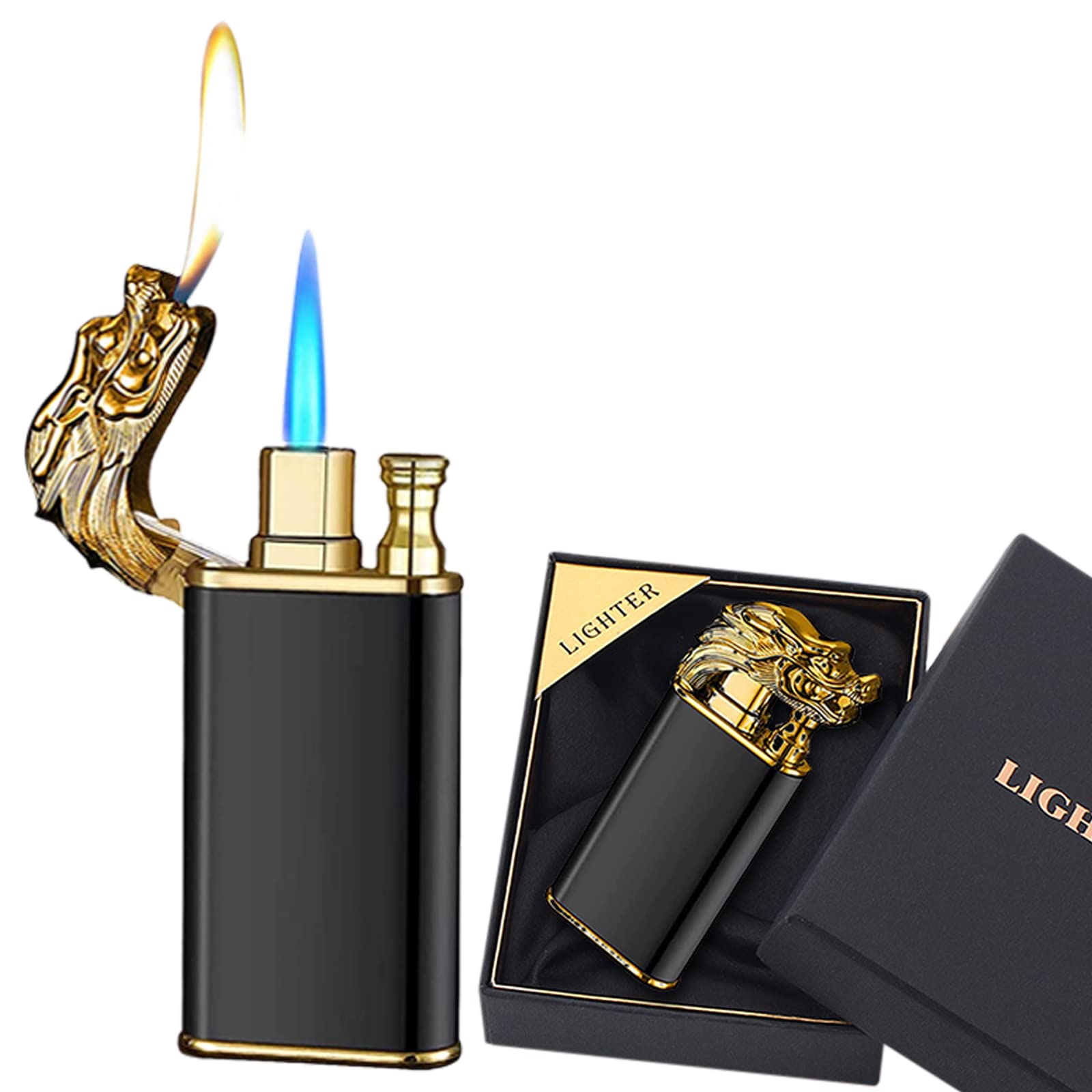Torch Lighter, Magic Dual Flame Dragon Lighter, Cool Dual Jet Flame Butane Lighter, Creative Windproof Dragon Torch Lighter, Refillable Butane Lighter for Outdoor Indoor(Black 2)