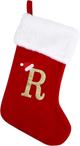 Miniatura 24 de Medias de Navidad con monograma de 20 pulgadas con letras, medias de Navidad grandes súper suaves, terciopelo rojo con puño de felpa blanco súper