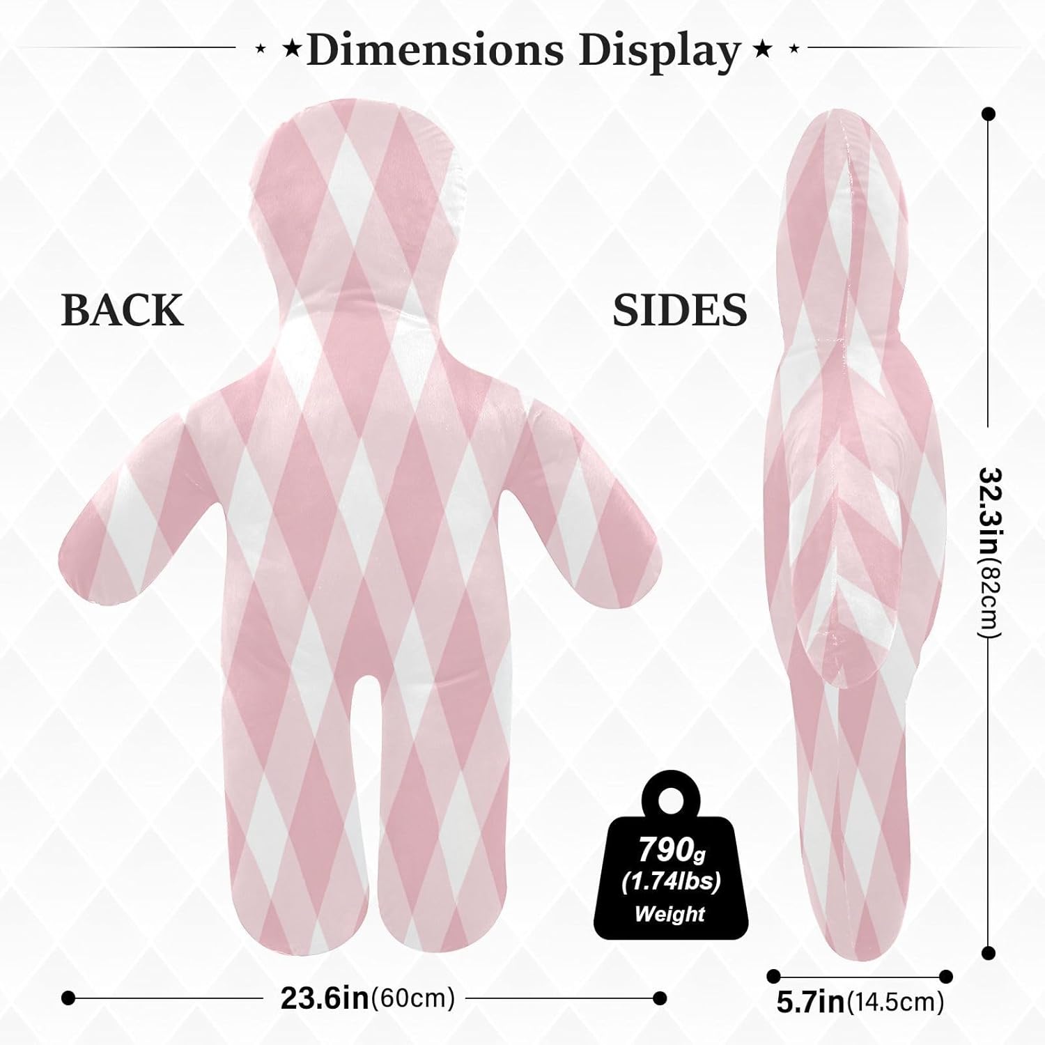Pink Gingham Human-Shaped Pillow Soft Body Pillows Washable Velvet Pillows for Anxiety Relief Sleeping Cuddling & Support
