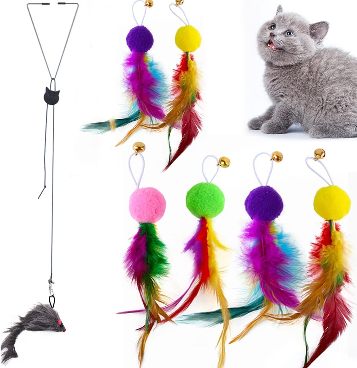 ZZJBGS 10 Furry pet Cats, Toy mice, cat Toy mice, cat pet Toys, Feather Tails, Interactive cat Toys for Indoor Cats and Kittens (7 Piece)