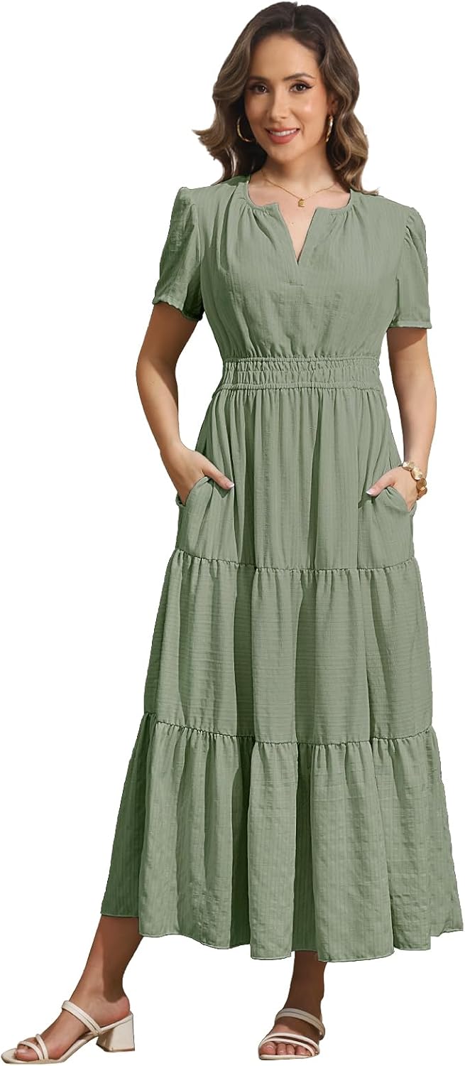 Rainday Womens Casual Maxi Dresses Fashion Holiday Short Sleeved Elastic Waist Beach Boho Dress with Pockets