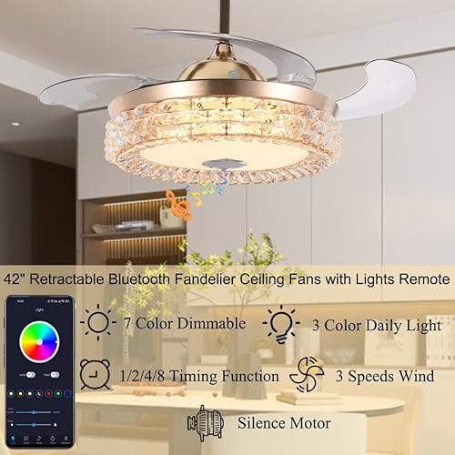 Miniatura 3 de Ventilador de techo de cristal de lujo de 42 pulgadas con control remoto de luz, moderno ventilador retráctil inteligente con altavoz Bluetooth,