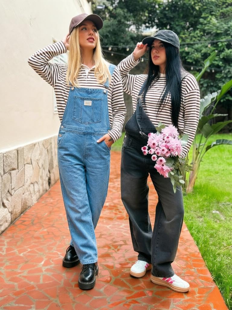 Fengbay Damen Jeans Latzhose Casual Baggy Gerades Bein Denim Bib | Verstellbaren Trägern Jumpsuit mit Taschen, Handy Patch Pockets, Lässiger Alltagslook für Jede Jahreszeit