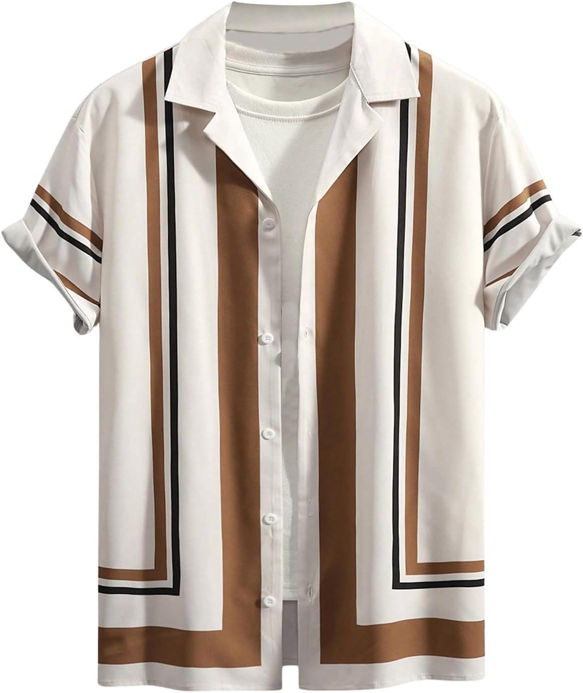 OYOANGLE Men's Striped Print Button Down Shirts Short Sleeve Collared Neck Shirts Top