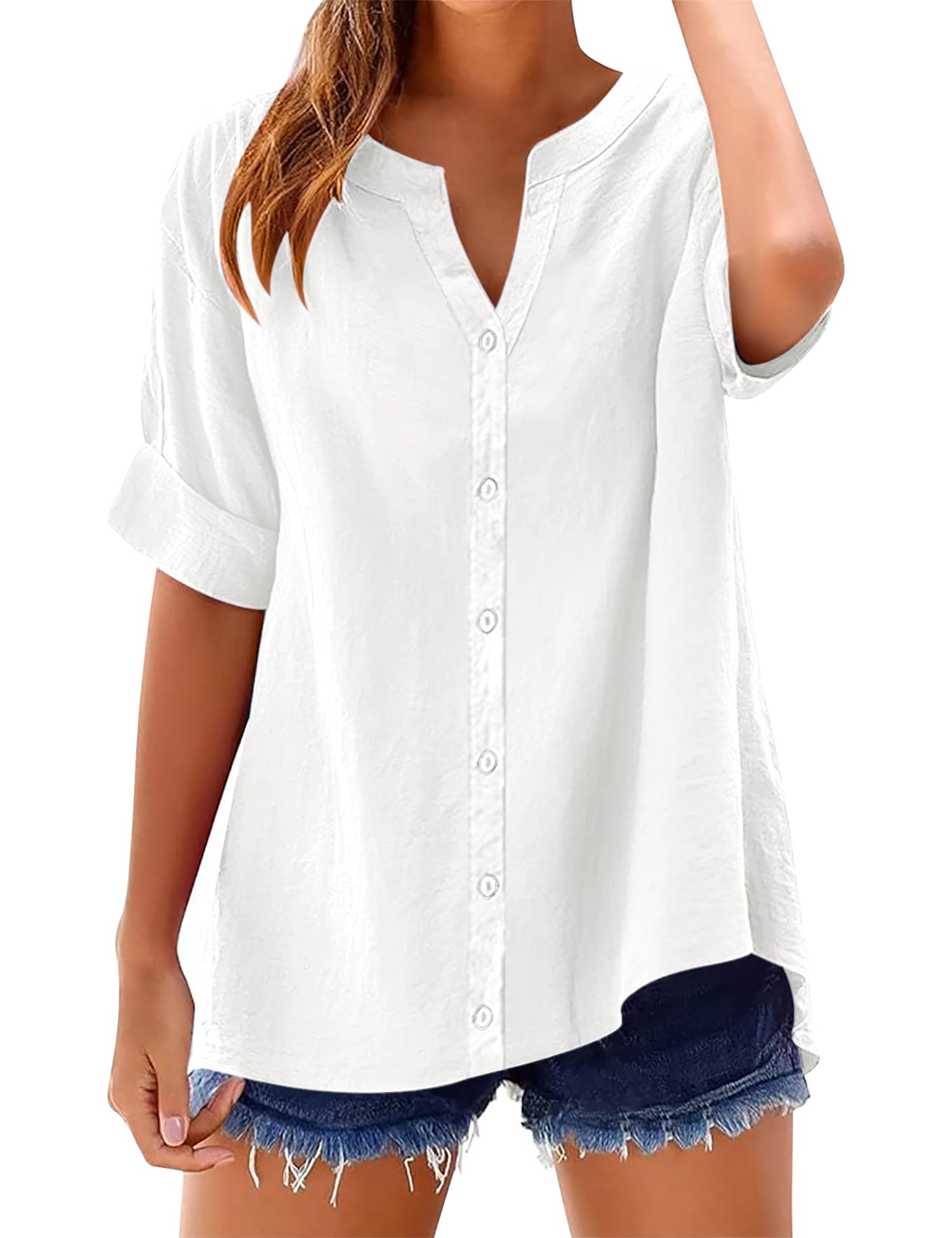 Rapbin Blusa para mujer de manga 3/4, algodón, cuello en V, con botones, túnica, informal, holgada, mangas enrollables