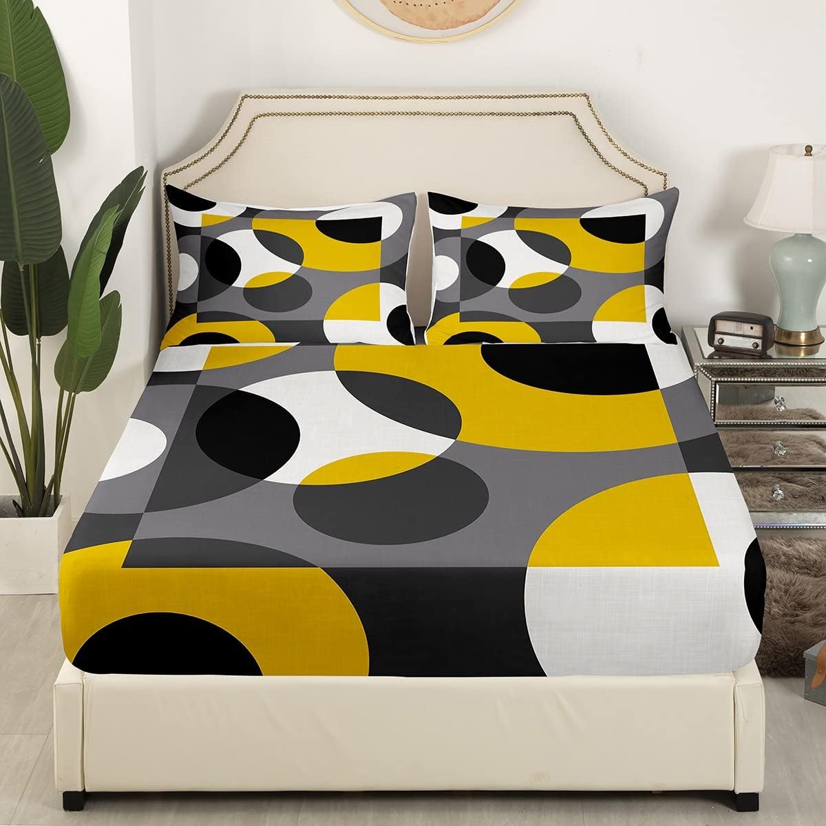 Yellow Circle Bedding Set Geometric Fitted Sheet,Abstract Swirls Stripe Line Art Sheet Set Retro Geometric Top Sheet Full,Rustic Vintage Circle Ombre Art Room Decor Aesthetic,Grey Black