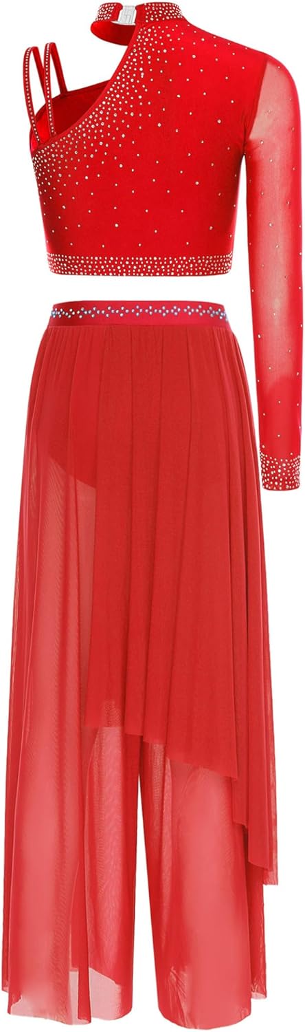 [Manyakai] 女性用のエレガントなダンスウェア シングルの長袖レンガストーン入りクロップトップとスローズレッグパンツ 赤 X
