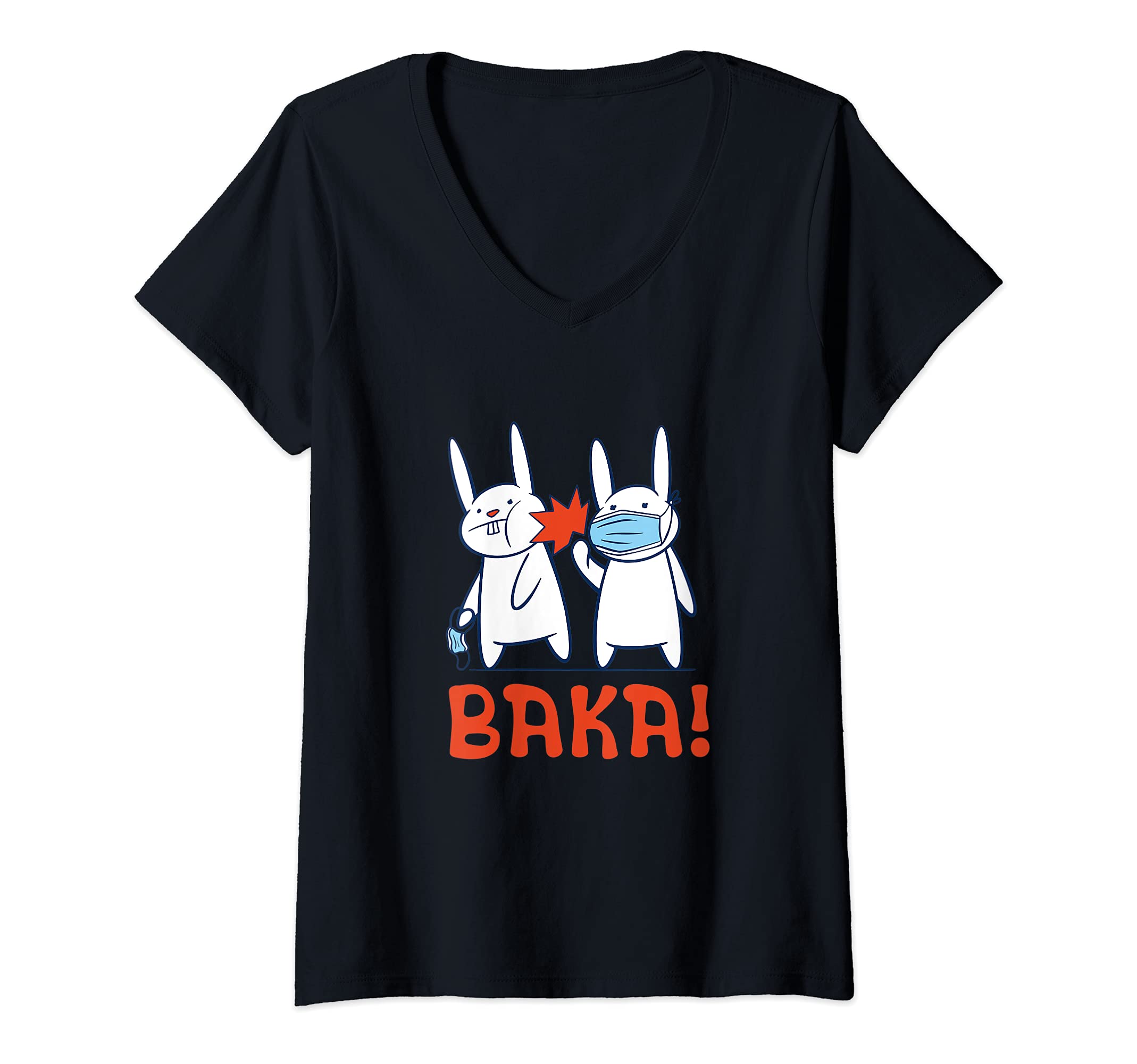 Womens Baka Rabbit Slap Face Mask - Baka Japanese V-Neck T-Shirt, Black