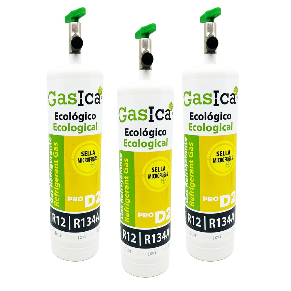 Gas Refrigerante Ecológico Orgánico GASICA D2 PRO Compatible con R134A y R12 – Pack de 3 Envases (Equivalente a 900 g) con Válvula Incluida