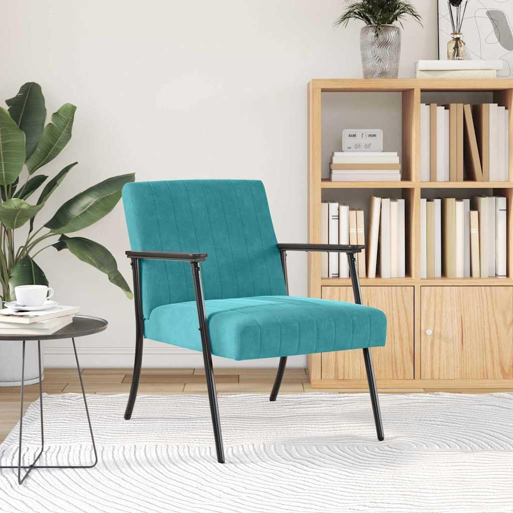 Fotel turkusowy aksamit z ergonomicznym oparciem i podłokietnikami, 59 x 75 x 78 cm, do salonu, sypialni, biura, relaksu, relaksującej pozycji siedzącej i stylowego relaksu