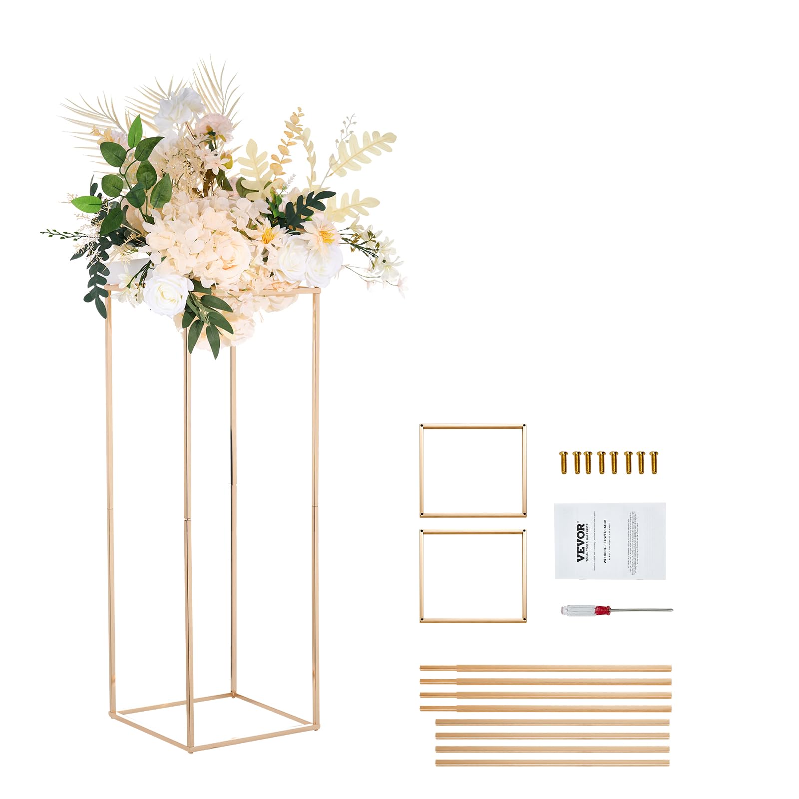 VEVOR 2PCS Wedding Flower Stand(without top plate),31.5inch High Metal Vase Column Geometric Centerpiece Stands,Gold Rectangular Floral Display Rack for T-Stage Events Reception,Party Decoration Home