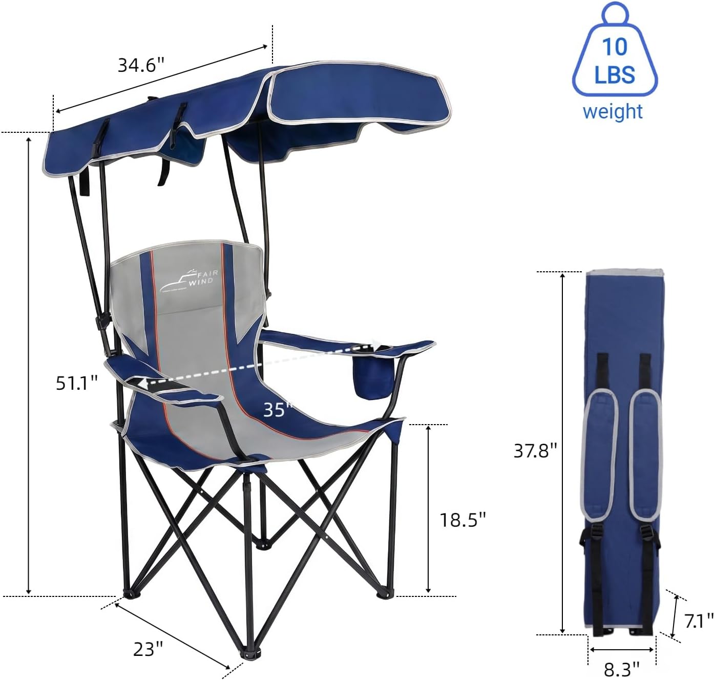 fair wind portable canopy camping chair 380 lbs capacity heavy duty oversized folding lawn chair with sunshade for beach, fishing, sports & outdoors blue 1 pack