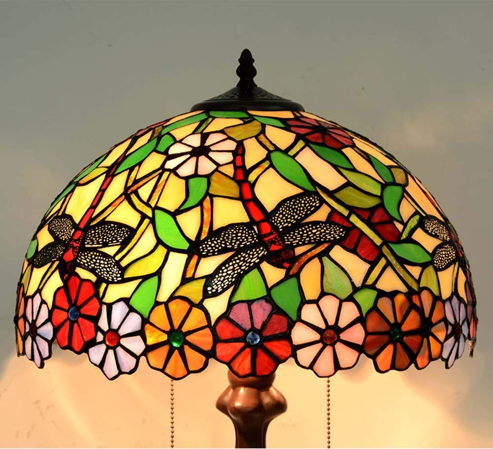 IUokLU 16 inch Tiffany-style Floor Lamp,Stained Glass Shade Floor Lights with Pull Chain,2 Light Vintage Decoration Floor Uplighter/Bedroom/Office, E27 (D)